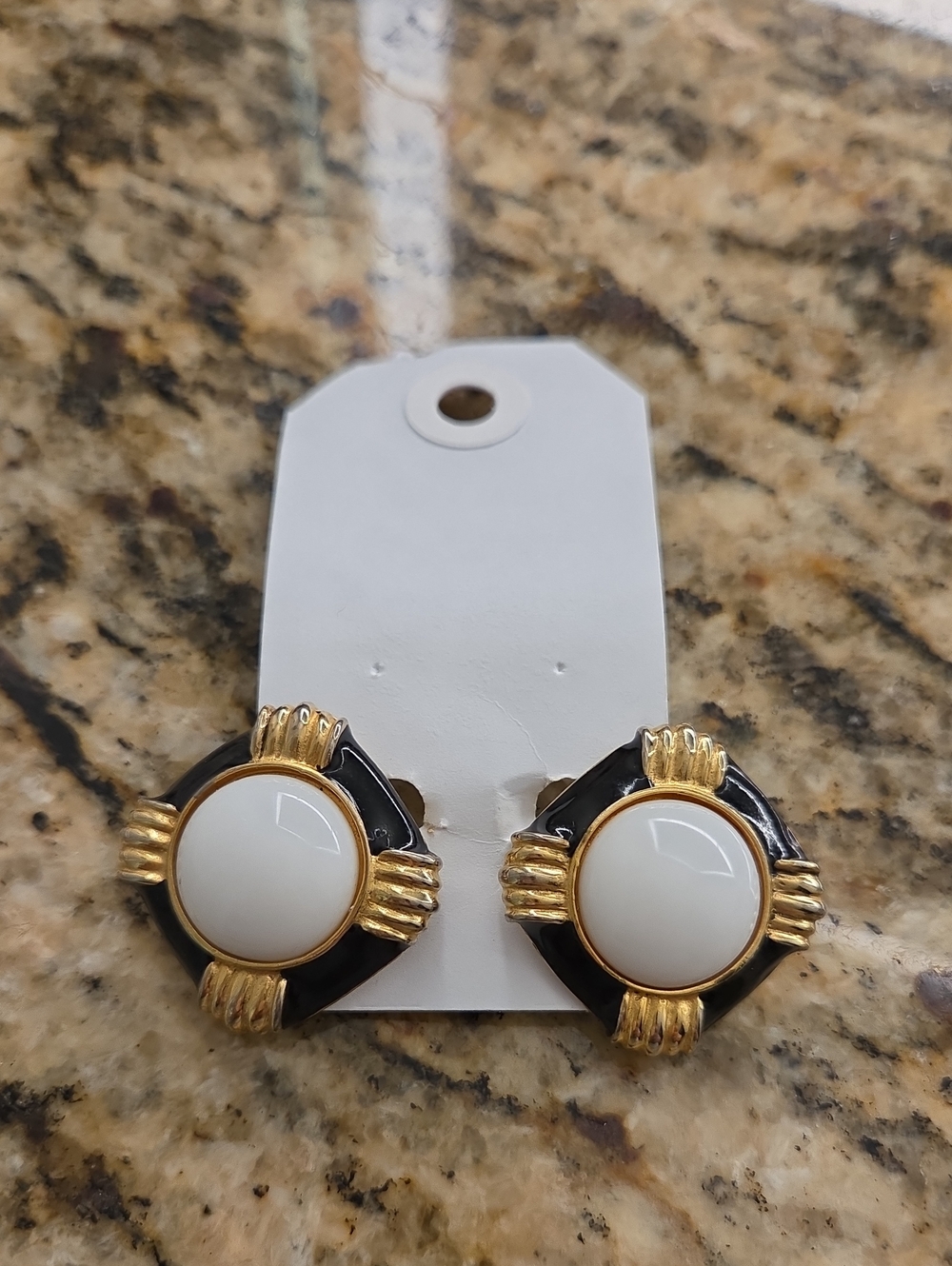 Vintage Gay Boyer Gold-Tone Black and White Round Clip Earrings